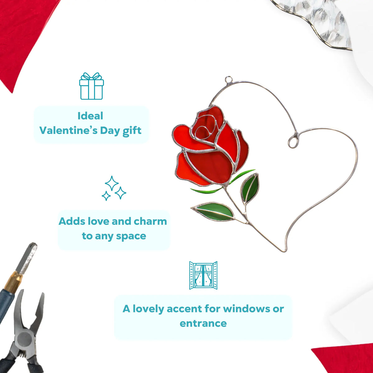 Infographic presenting a rose heart stained glass suncatcher as an ideal Valentine’s Day gift.