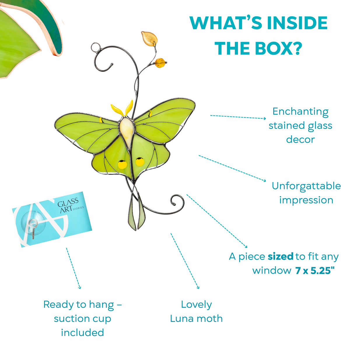 Box contents shown with labeled stained glass luna moth decor, size details, and hanging accessories.