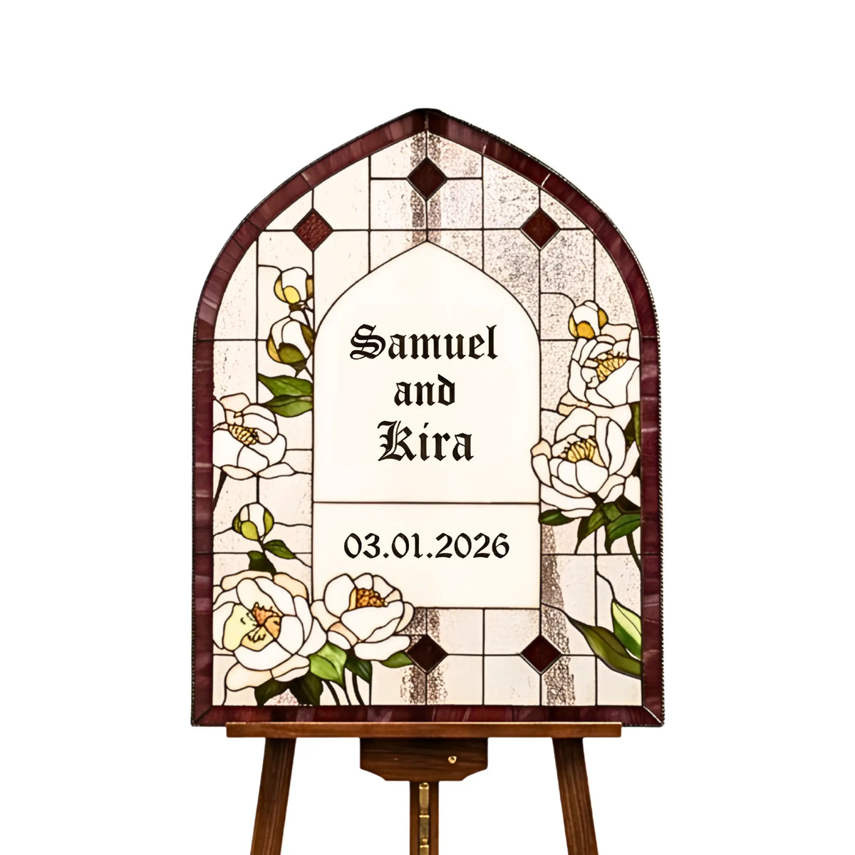 White floral stained glass wedding sign panel for bridal couple with a dark burgundy border, sitting on a wooden easel.