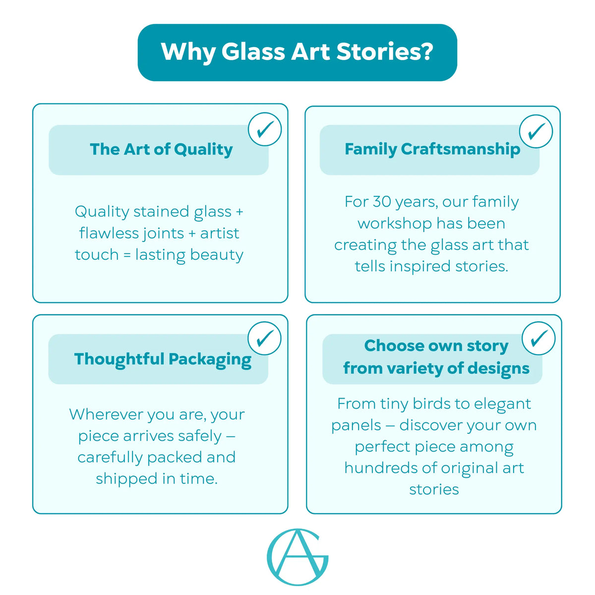 Why choose Glass Art Stories - handmade stained glass crafted since 1995 in a family studio, with safe protective packaging and unique, one-of-a-kind designs