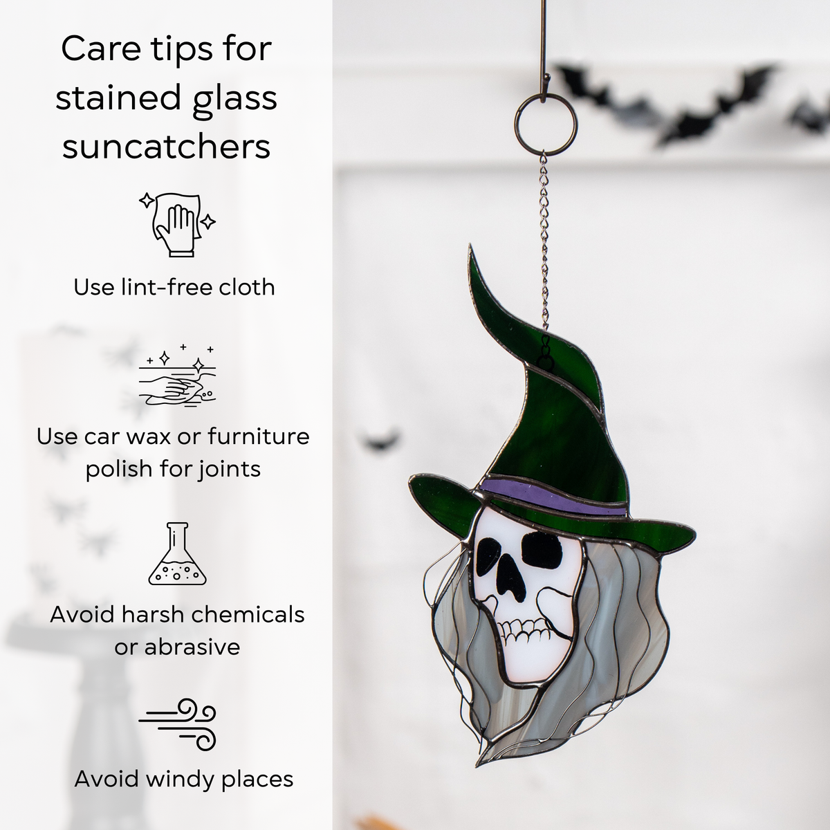 Glass witch suncatcher shown in Halloween-themed room with bats, flowers and white candle with care tips beside: use lint-free cloth, polish joints with car wax or furniture polish, avoid harsh chemicals, and windy places.