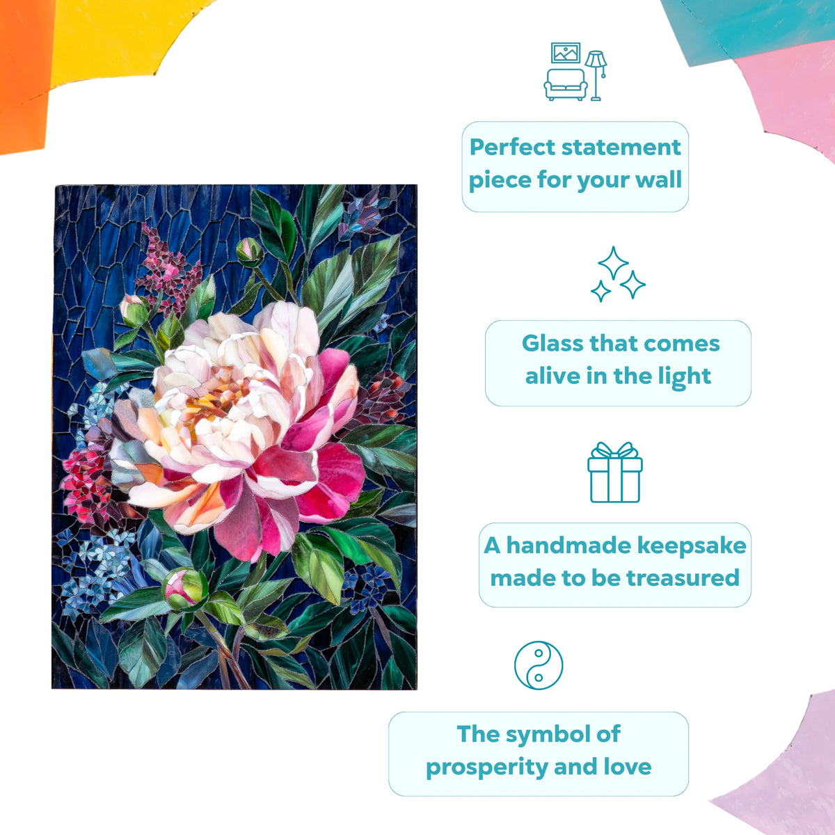 Peony stained glass mosaic wall art — a handmade keepsake and statement piece for your wall, with glass that comes alive in the light, a symbol of prosperity and love