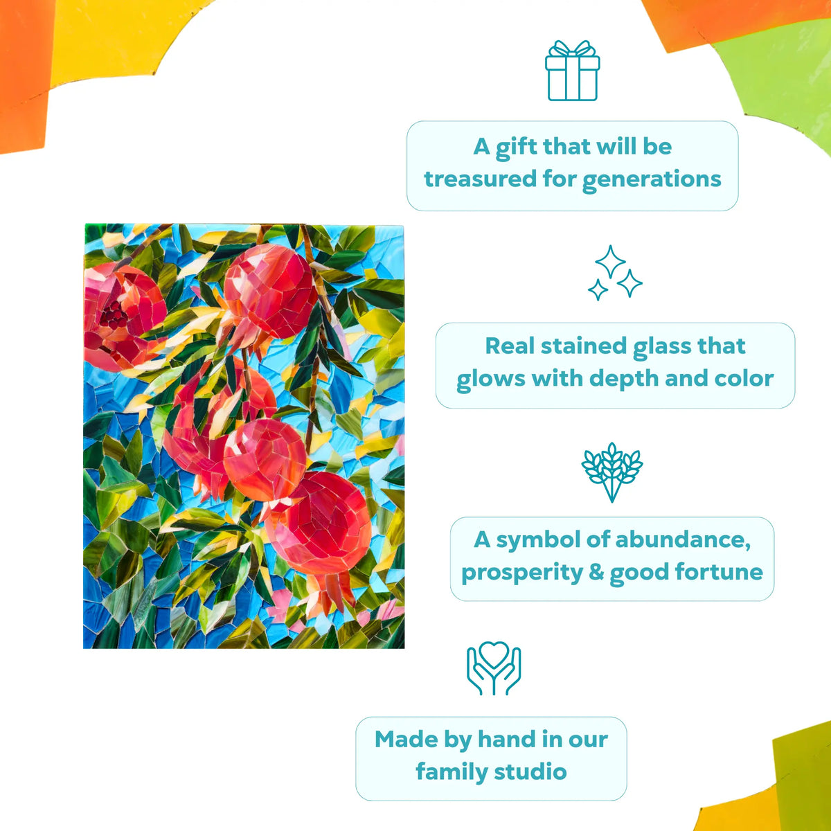Pomegranate stained glass mosaic wall art - captivating handcrafted glass that comes alive in the sun, an intricate hand-cut mosaic and a symbol of prosperity and abundance for any space in the home