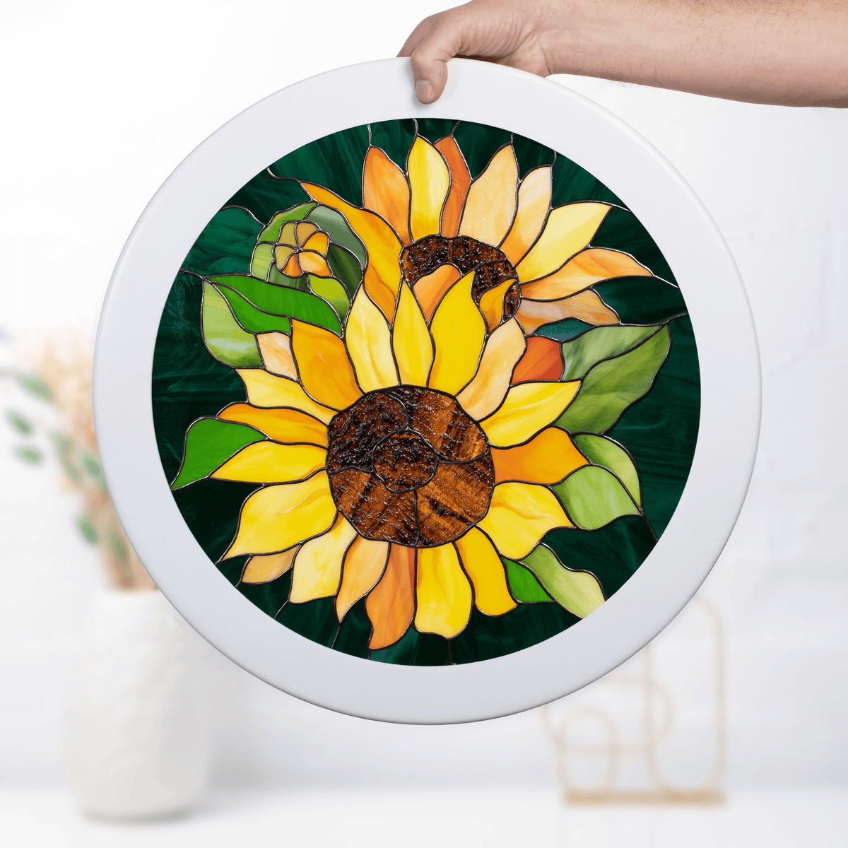 Stained glass wall hanging decocting sunflowers on green background