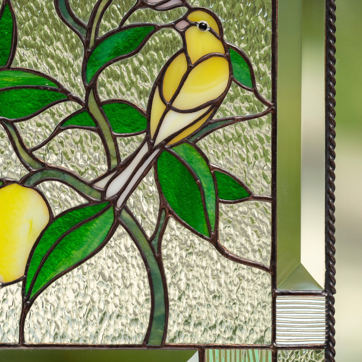 Zoomed stained glass lower canary bird on the lemon tree