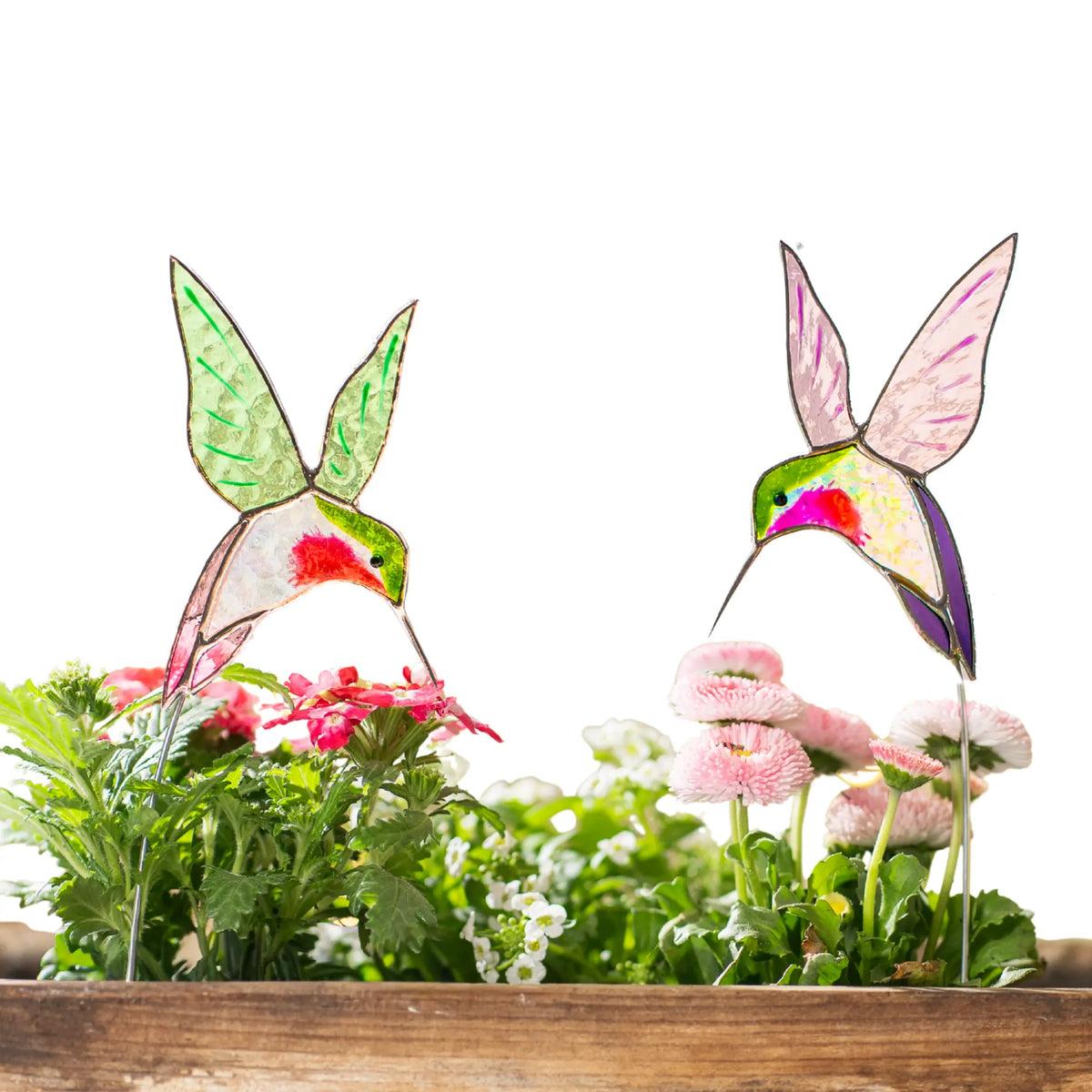 Pair of Green and Purple Hummingbirds – Stained Glass Plant Stakes