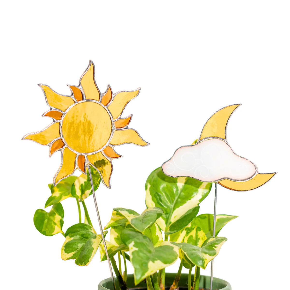 Orange Sun and Moon with White Cloude - Stained Glass Plant Stakes