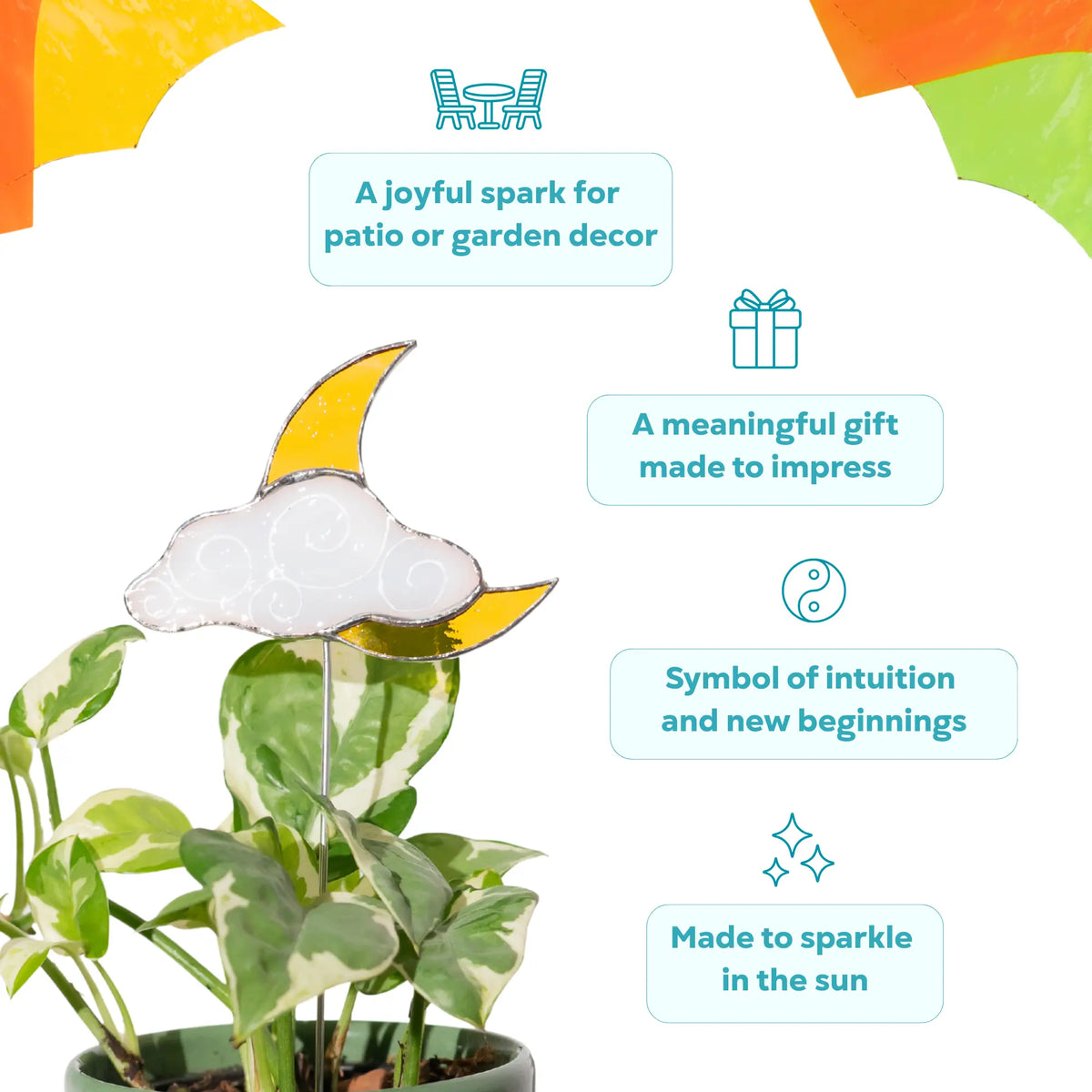 Sol y luna naranja con nubes blancas - Estacas de vitral para plantas