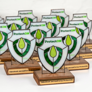 Stained glass trophies shaped like shields ProtectON inscription