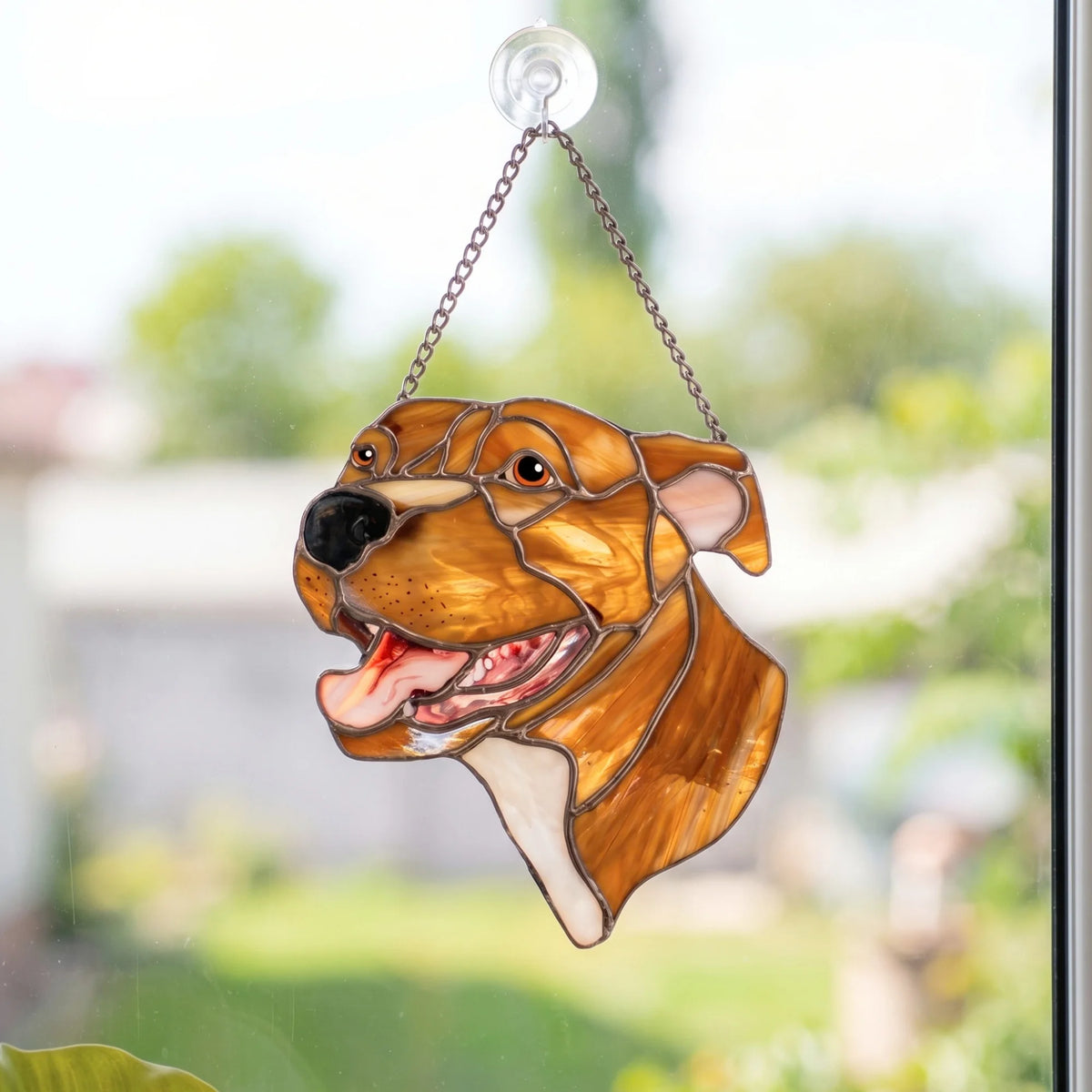 Stained glass pet portrait suncatcher on a window overlooking a green garden, sunlight shining through golden brown glass and pink ear details - a custom photo suncatcher and comforting pet memorial gift