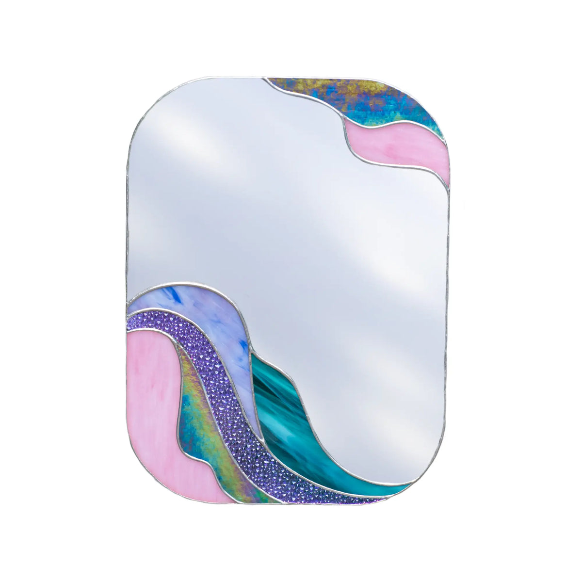 Purple Waves stained glass mirror with wavy Tiffany copper foil border, handmade wall decor in deep violet and amethyst art glass — a unique housewarming or anniversary gift
