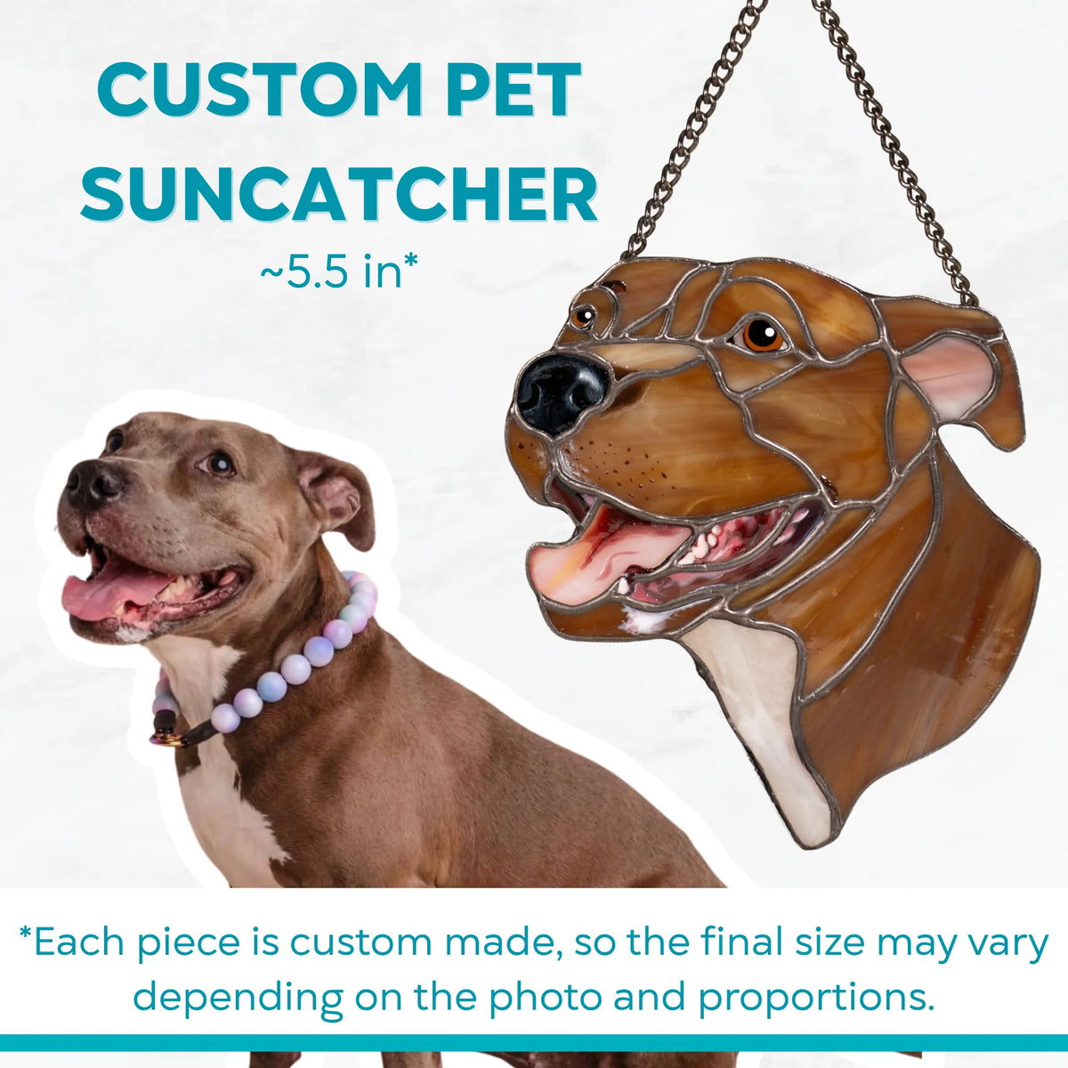 Real brown dog with a beaded collar next to its custom stained glass pet suncatcher, about 5.5 inches in size - each portrait is handmade from your photo, so the final size may vary with proportions