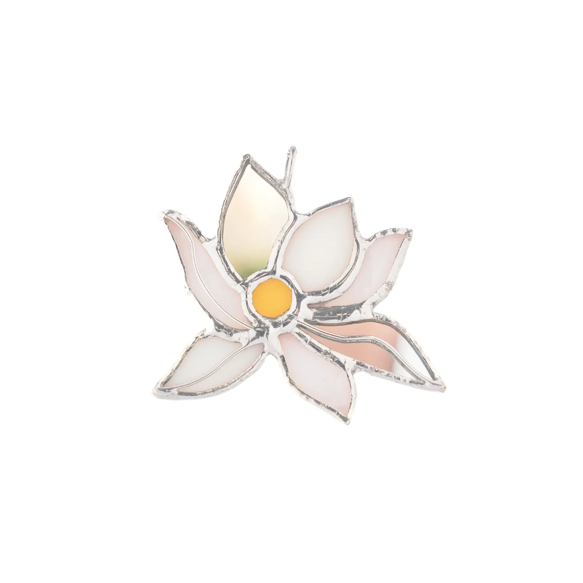 White Lotus stained glass necklace on a white background - a handmade lotus flower pendant in white and blush-pink glass with an amber center and silver seams, serene floral jewelry and a meaningful gift