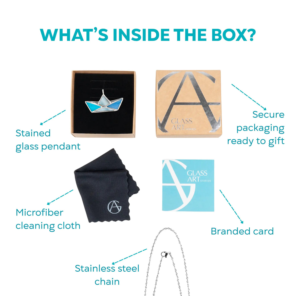 What's inside the box for the Blue Boat stained glass necklace - the handmade boat pendant, secure gift-ready packaging, a microfiber cleaning cloth, branded card and a stainless steel chain