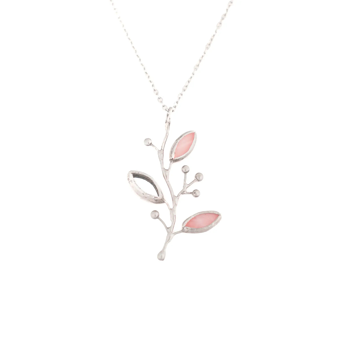 Pink Buds stained glass necklace on a white background - a handmade silver branch with pink and mirror glass leaves and beaded accents on a slim chain, delicate botanical jewelry and a gift for her