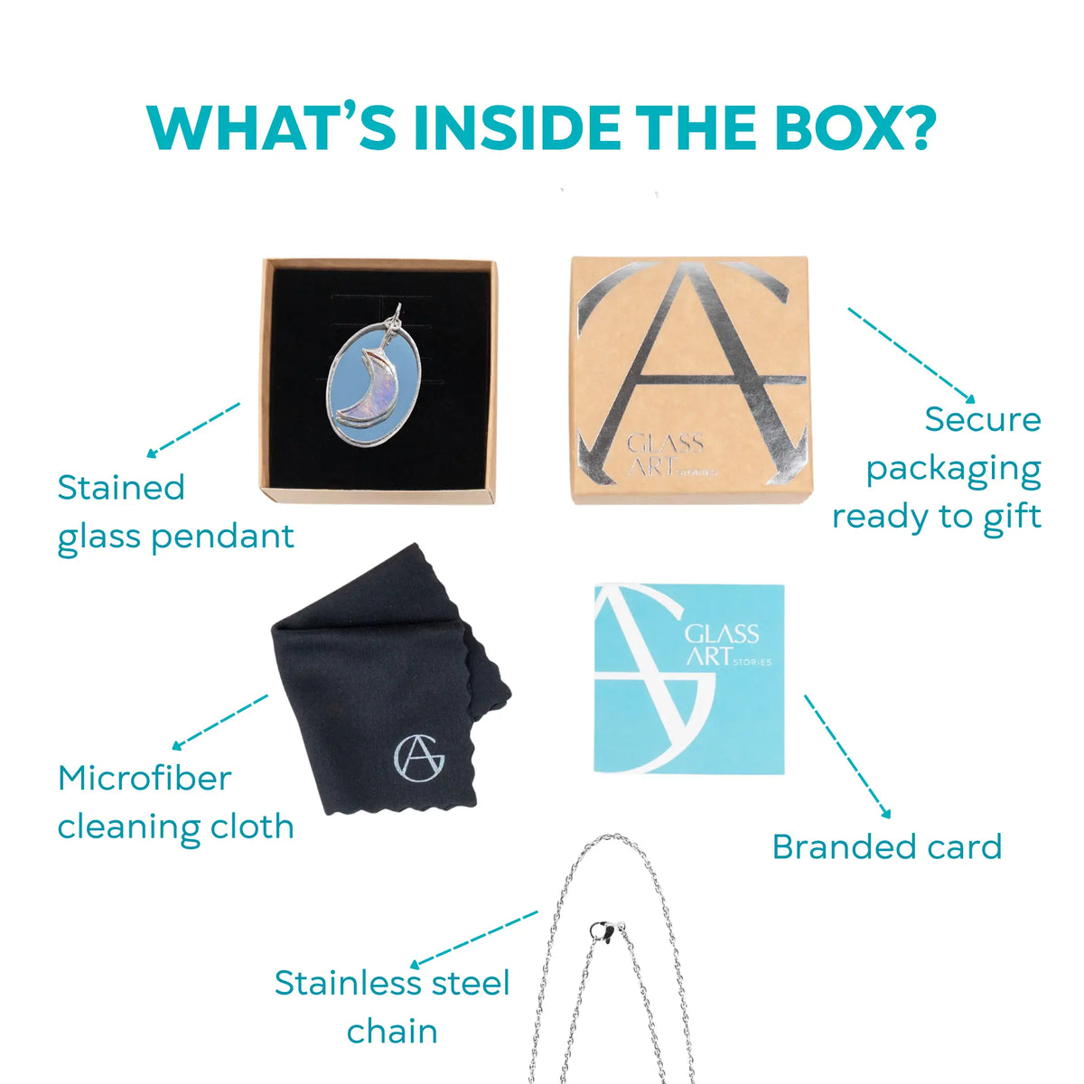 Secure packaging with handmade Tiffany-technique stained glass moon pendant by Glass Art Stories and cleaning cloth included