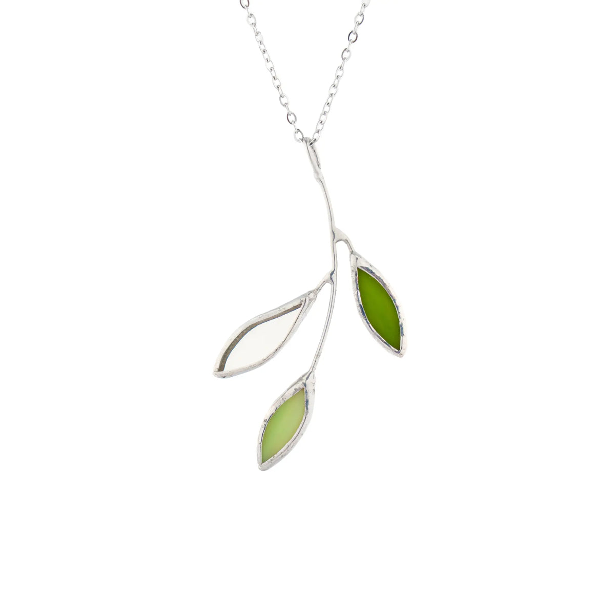 Handmade stained glass leaf necklace - a delicate silver branch with small glass leaves in shades of green, on a fine stainless steel chain, a botanical gift from Glass Art Stories