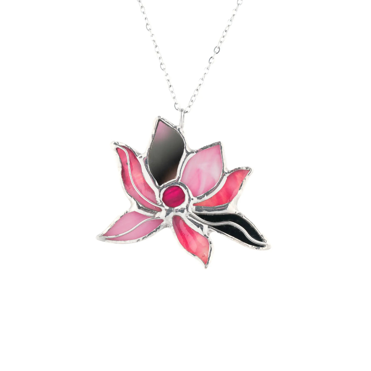 Handmade stained glass pink lotus necklace - a soft pink lotus flower pendant with layered glass petals, on a fine stainless steel chain, a meaningful gift from Glass Art Stories