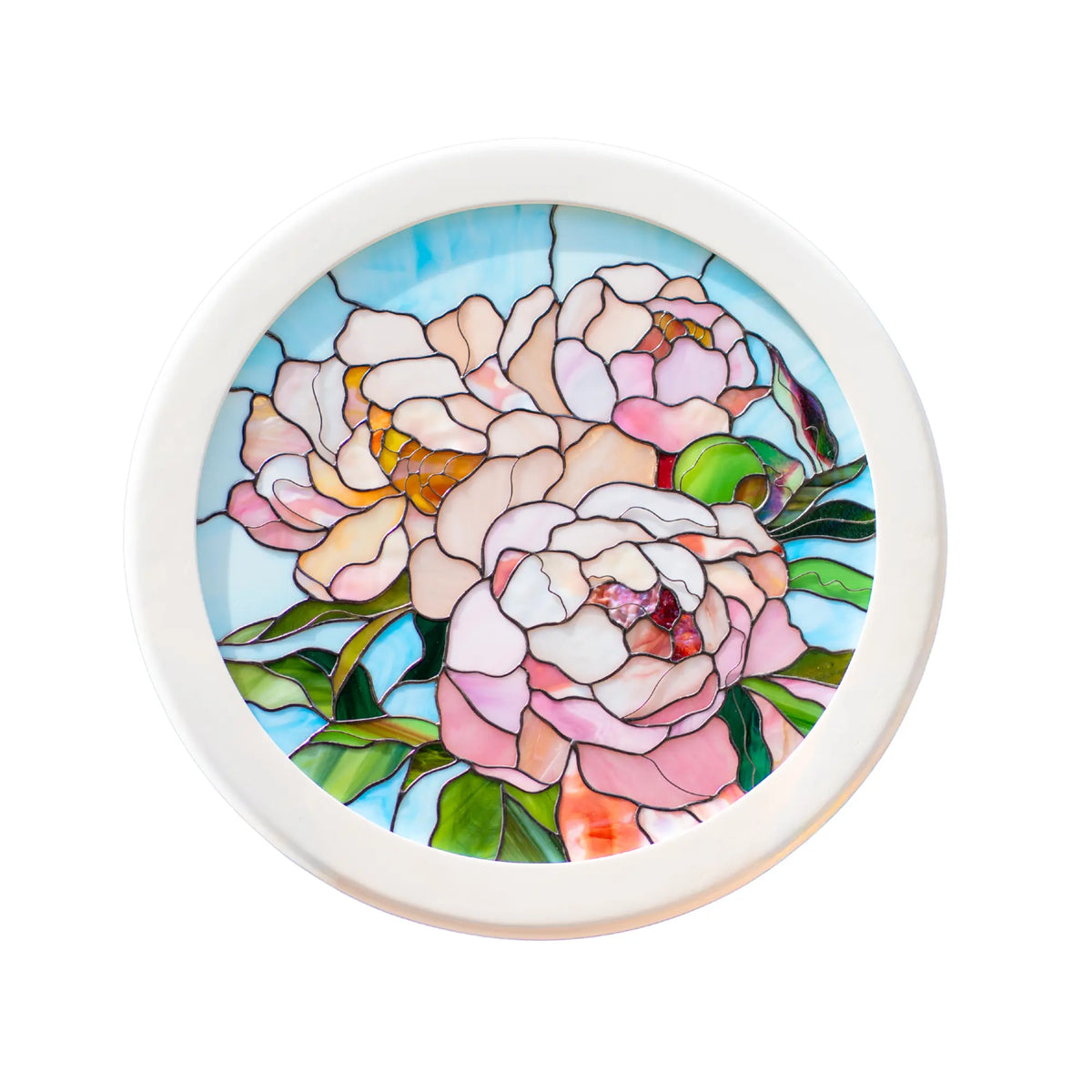 Round framed peony stained glass panel on a white background, two pink peonies with amber centers and green leaves on a light blue sky - handmade decorative stained glass wall art and flower gift