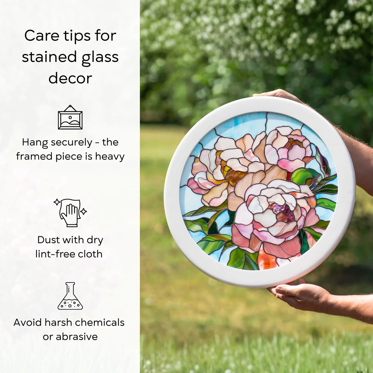 Round framed stained glass peony panel measuring 19.3 inches across, pink peonies on a blue sky - handmade floral glass wall art sized for a statement wall and a memorable flower lover gift