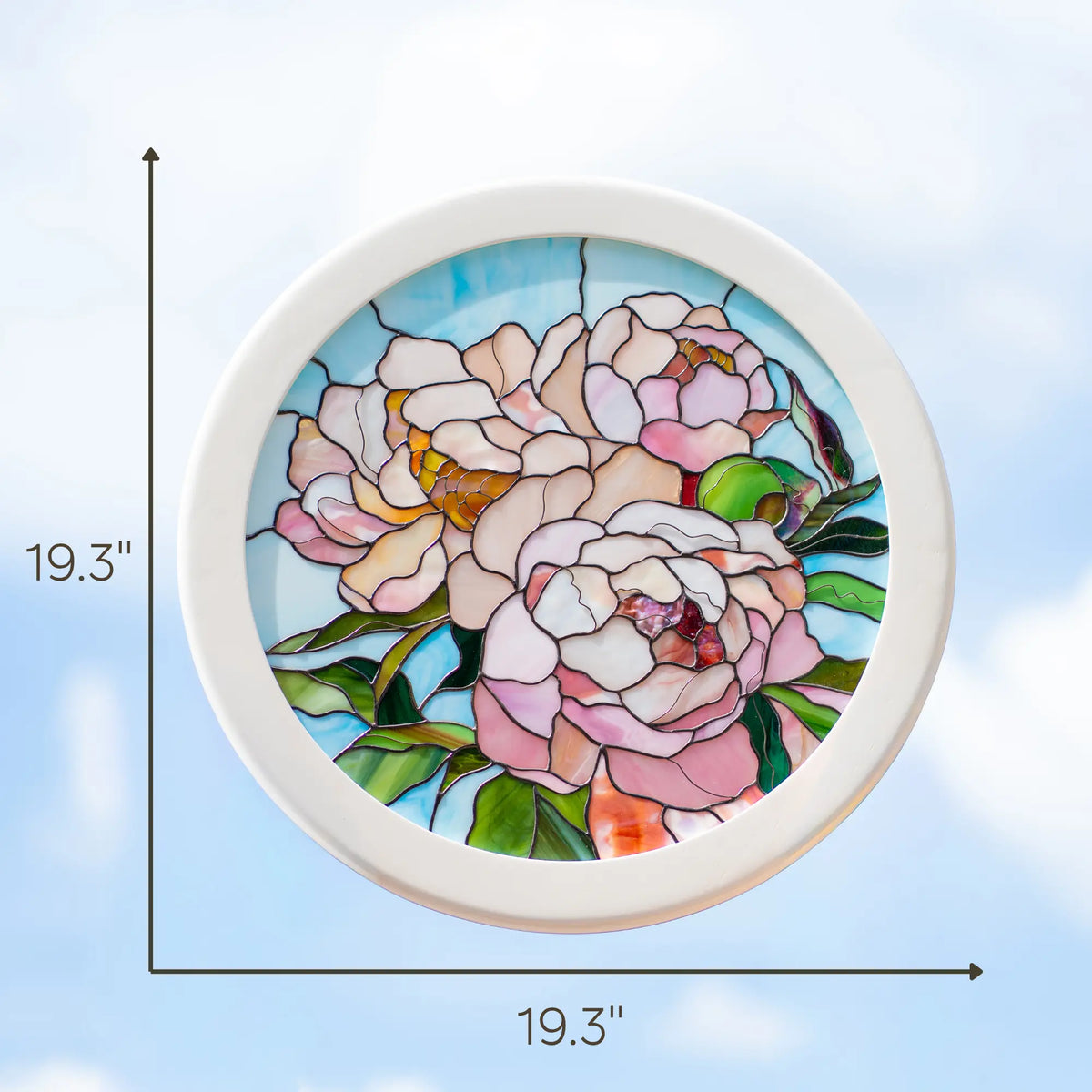 Care tips beside a handmade stained glass peony panel held outdoors - hang the heavy framed piece securely, dust with a dry lint-free cloth and avoid harsh chemicals or abrasives on the glass