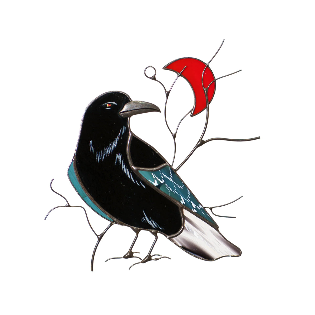 Handmade stained glass raven with a red crescent moon on a white background, glossy black raven with an iridescent teal wing on wire branches and a white tail tip - gothic and celestial suncatcher