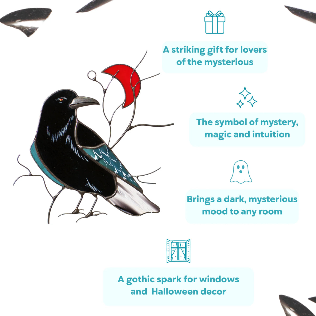 Infographic for a stained glass raven and red crescent moon suncatcher - a striking gift and symbol of mystery, magic and intuition that brings a dark, gothic mood to any window or Halloween decor