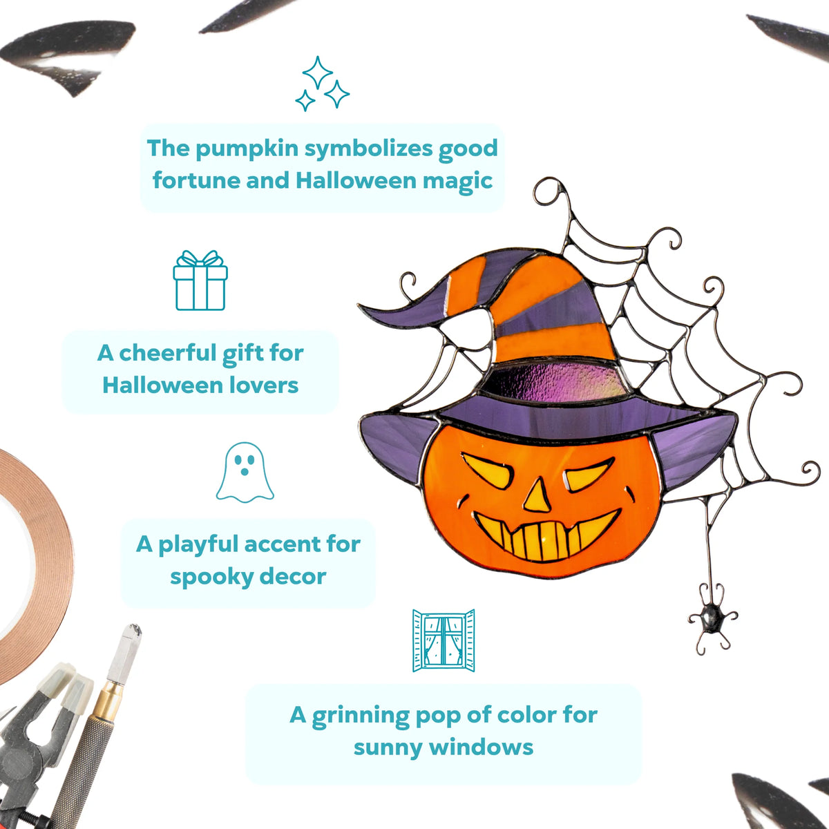 Infographic for a stained glass jack-o'-lantern-in-a-witch-hat suncatcher - a symbol of good fortune and Halloween magic, a cheerful gift and playful, grinning pop of color for spooky decor and sunny windows