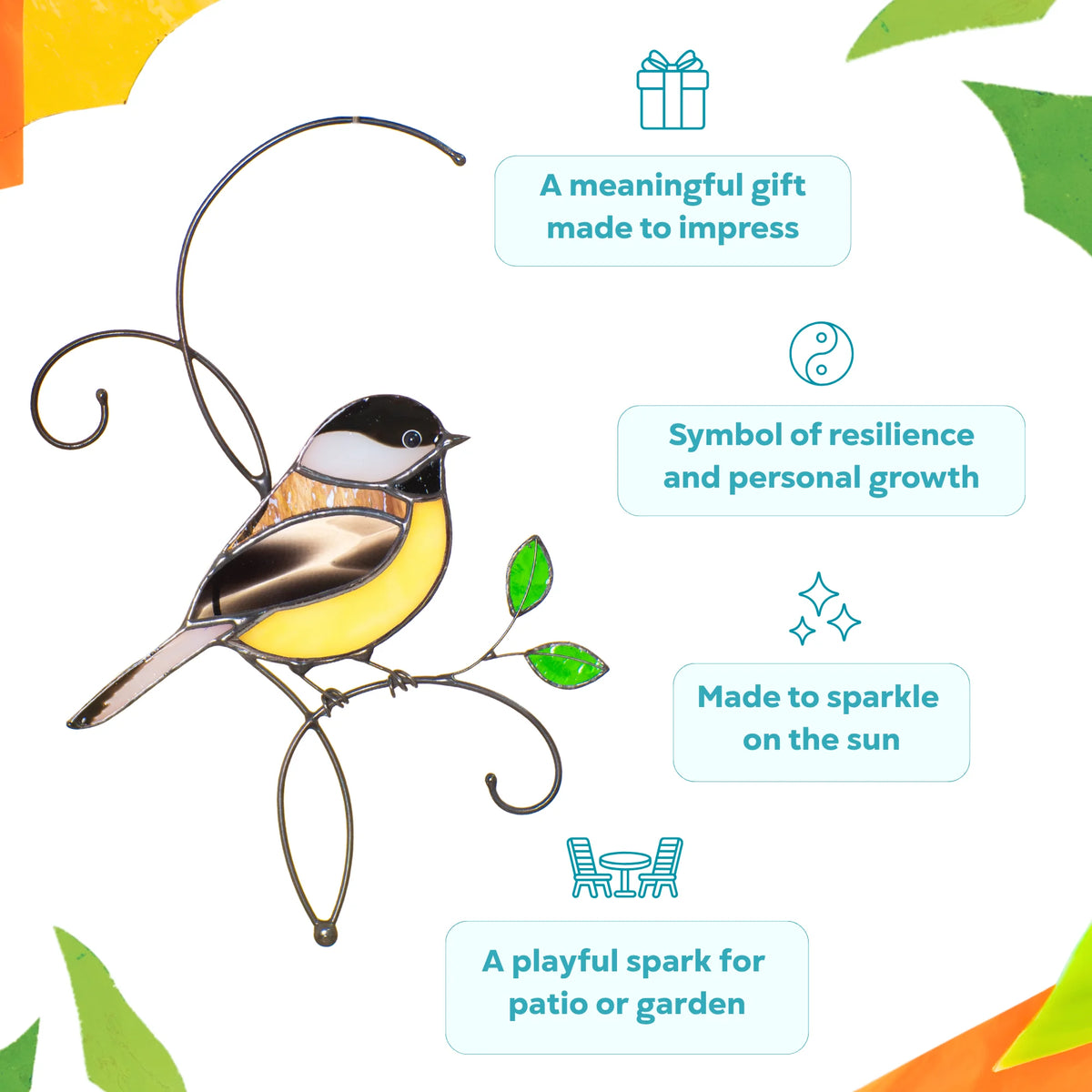Infographic for a stained glass chickadee suncatcher - a meaningful gift and symbol of resilience and personal growth, made to sparkle in the sun and a playful spark for a patio or garden