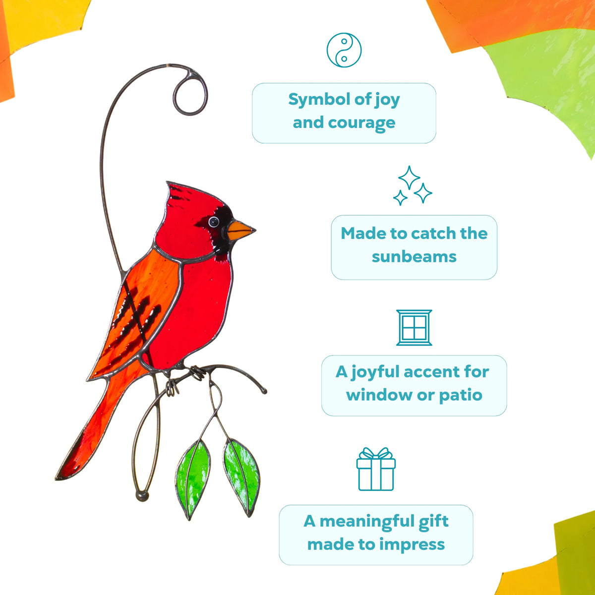 Infographic for a red cardinal stained glass suncatcher - a symbol of joy and courage, made to catch the sunbeams, a joyful accent for a window or patio and a meaningful gift