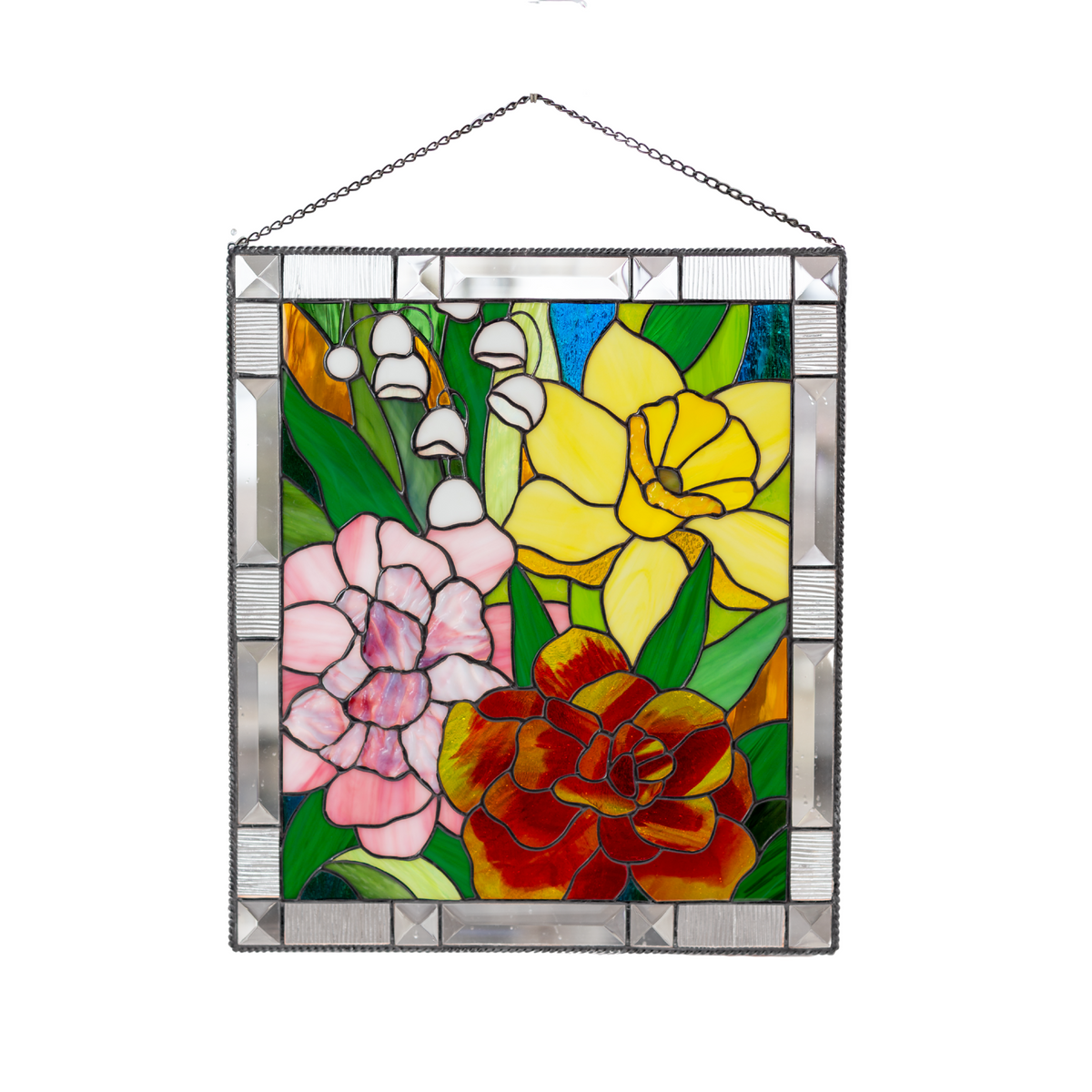 Panel de vidrieras de flores clásicas: caléndula, narciso, clavel y lirio de los valles