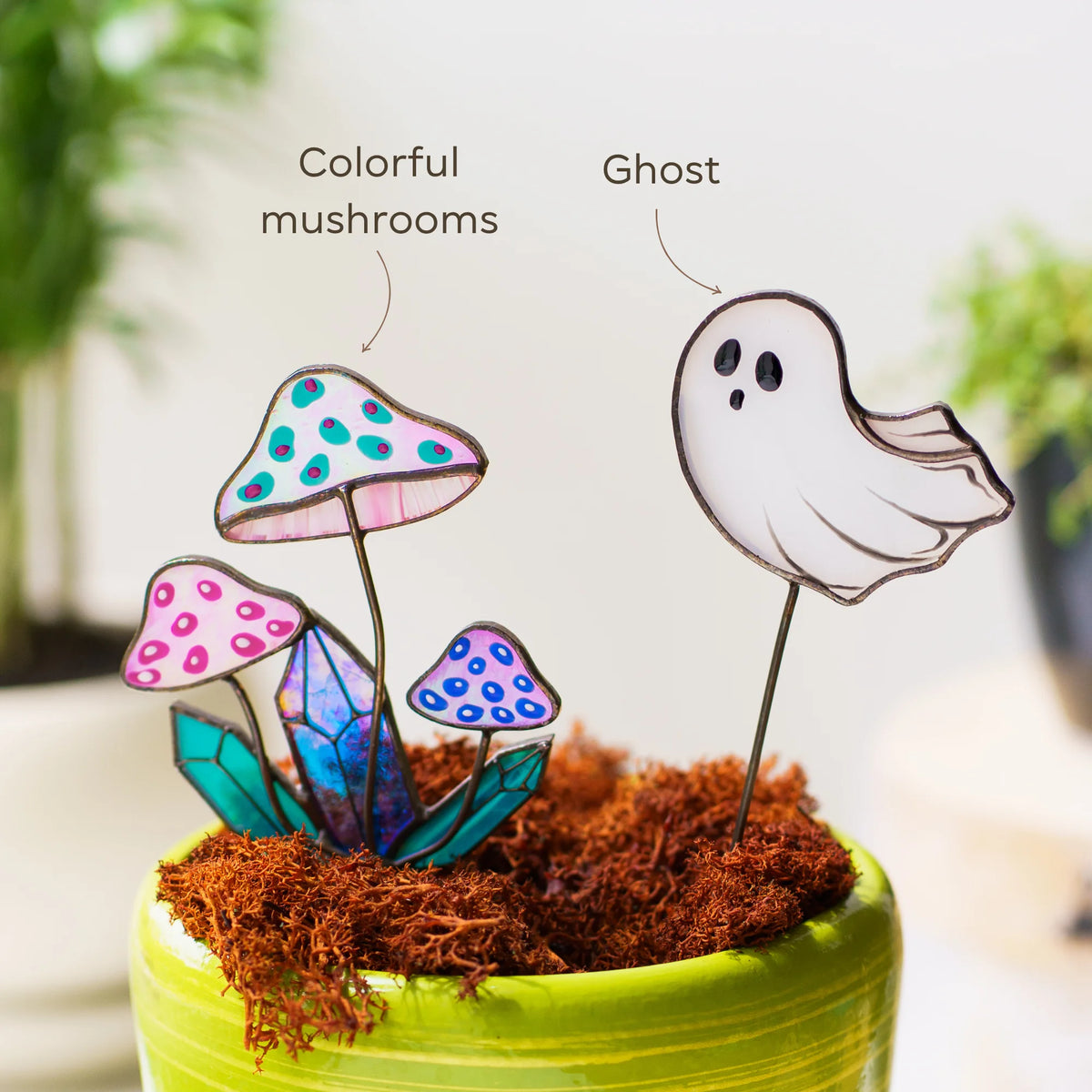 Setas de cristal y fantasma - Estacas decorativas para plantas de vidriera