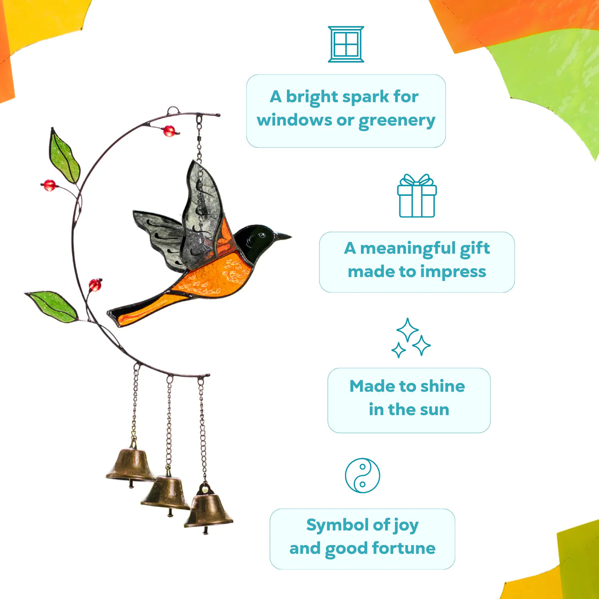 3d Baltimore Oriole with Bells - Stained Glass Wind Chime