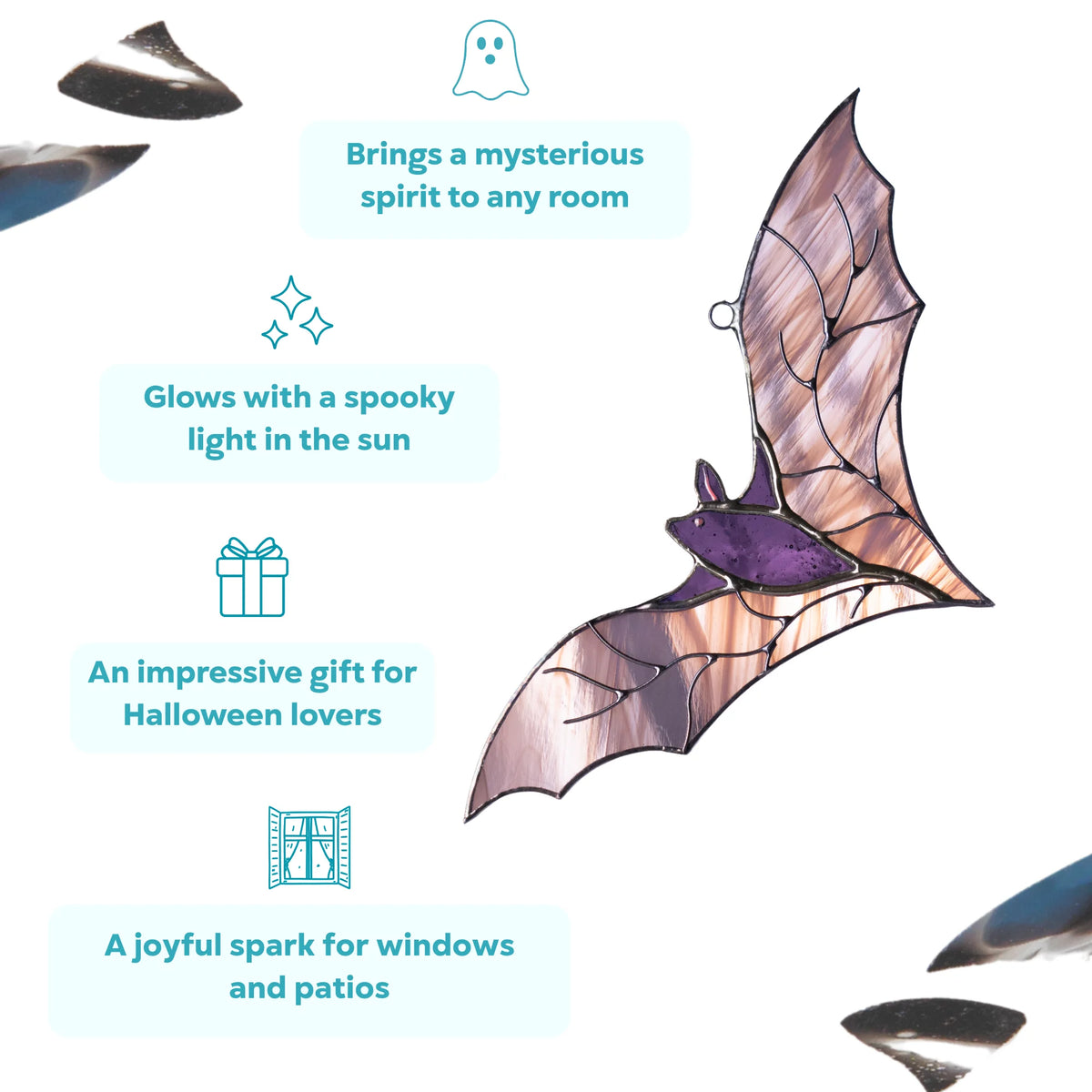 Purple bat stained glass suncatcher that glows with a spooky light in the sun, brings a mysterious spirit to any room and makes an impressive gift for Halloween lovers