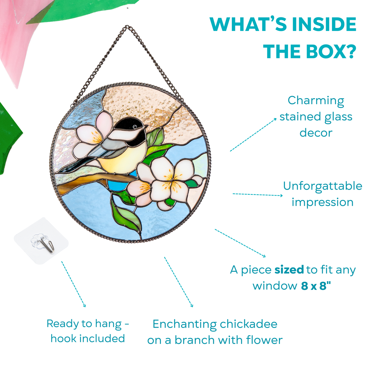 Infographic with text showing the contents of the box: hook,  gift-ready chickadee panel with floral motif
