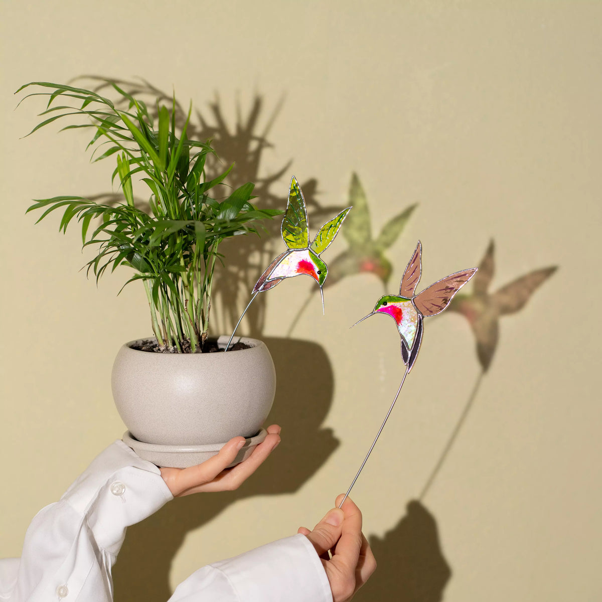 Pair of Green and Purple Hummingbirds – Stained Glass Plant Stakes