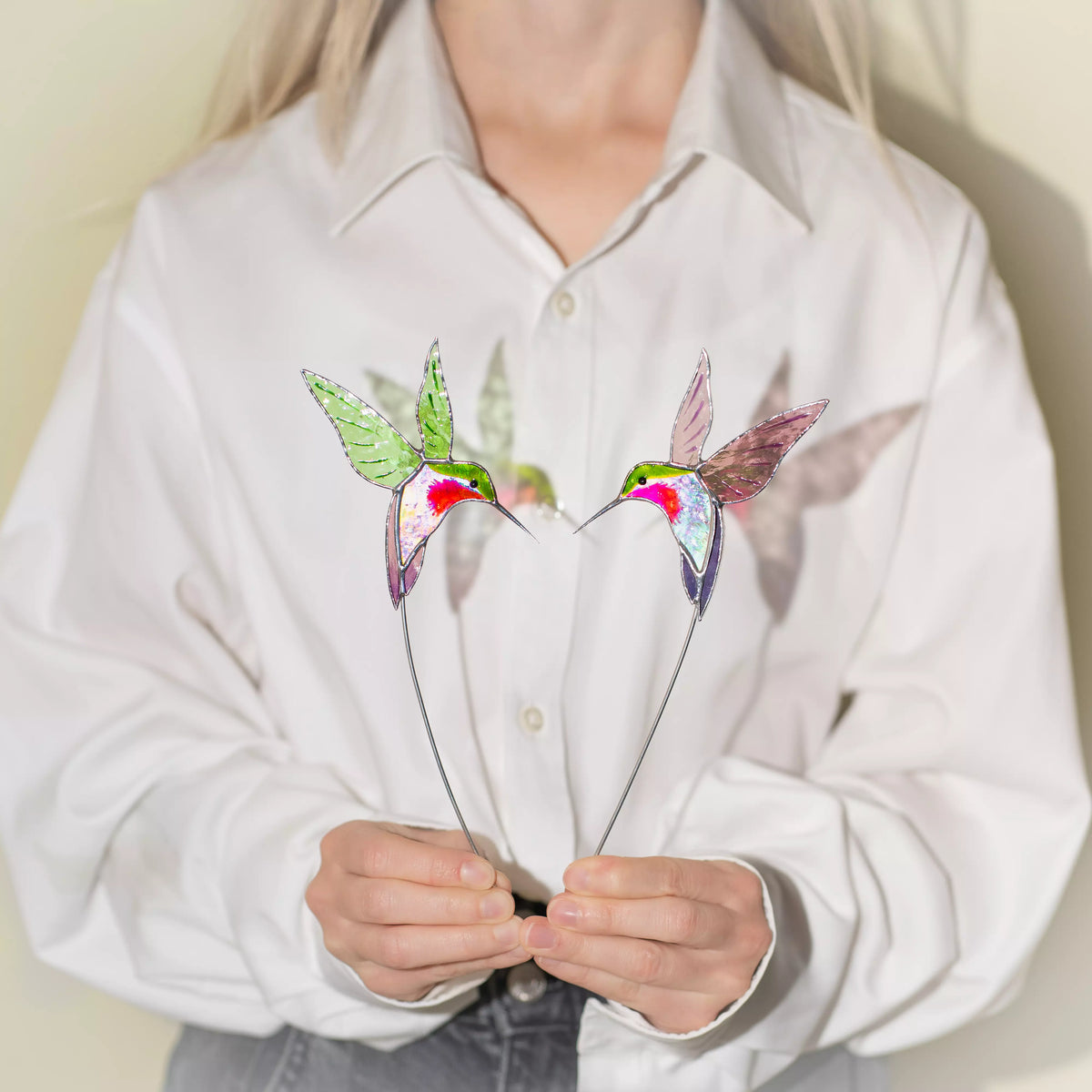 Pair of Green and Purple Hummingbirds – Stained Glass Plant Stakes