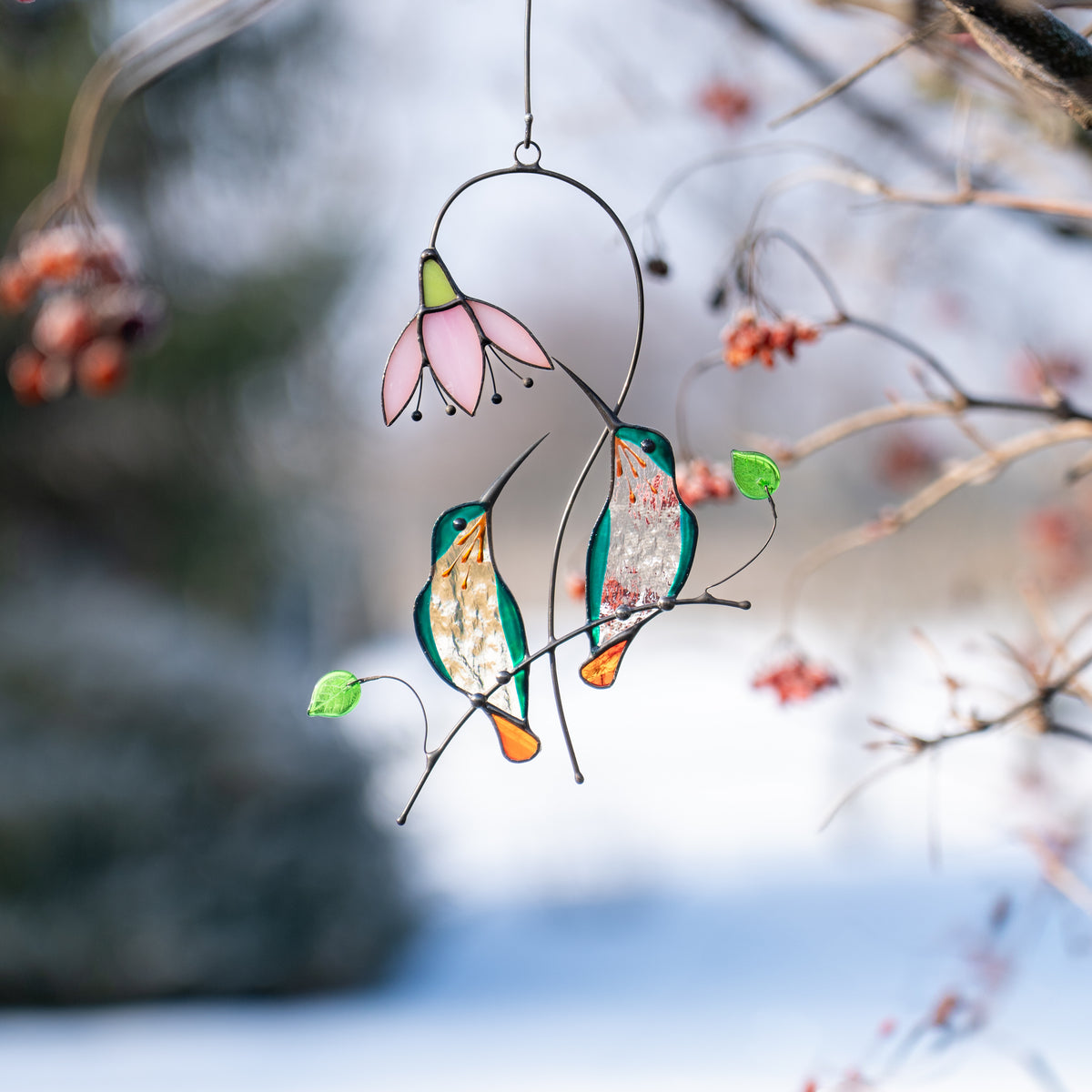 Pair of Green Hummingbirds with a Flowern - Stained Glass Suncatcher