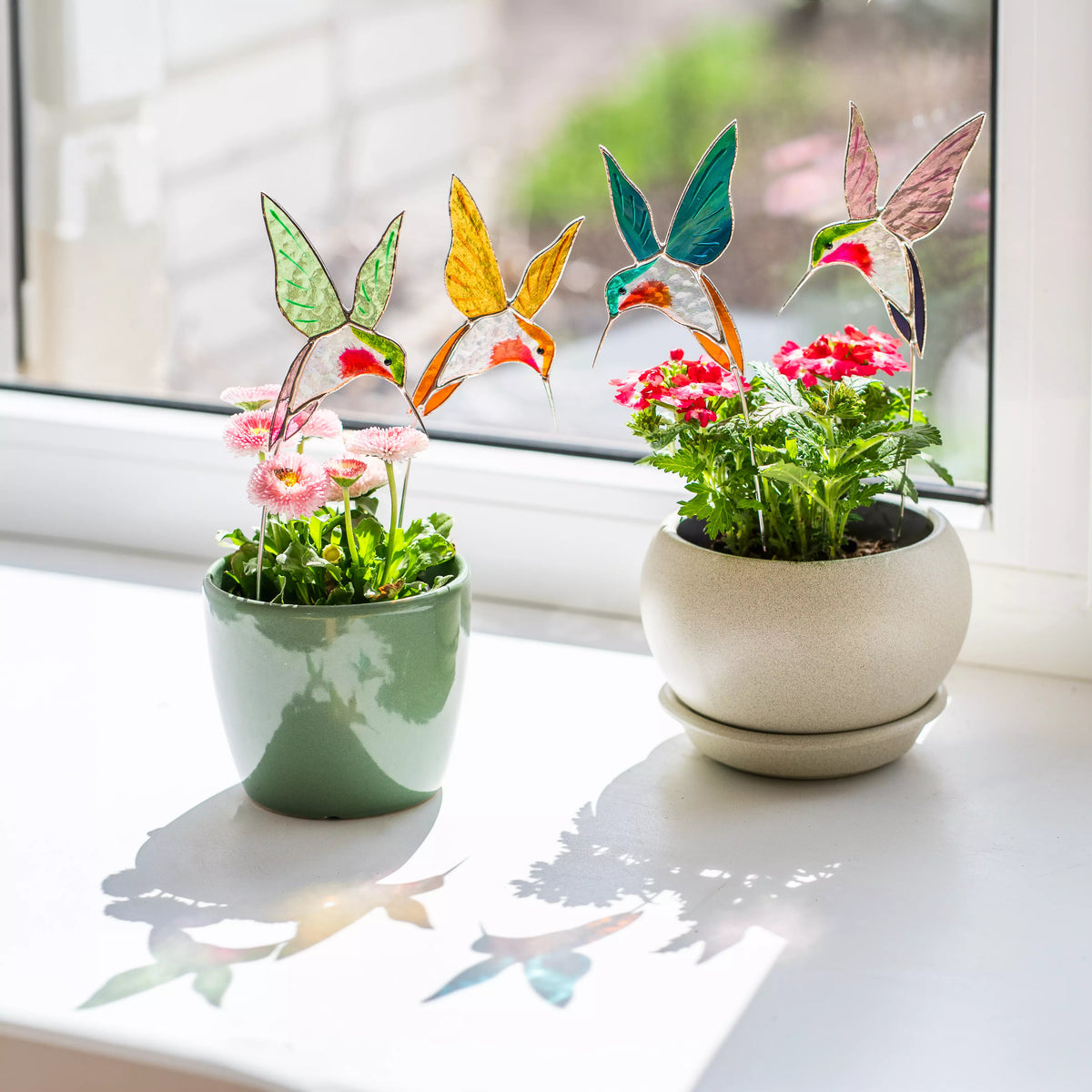 Pair of Green and Purple Hummingbirds – Stained Glass Plant Stakes