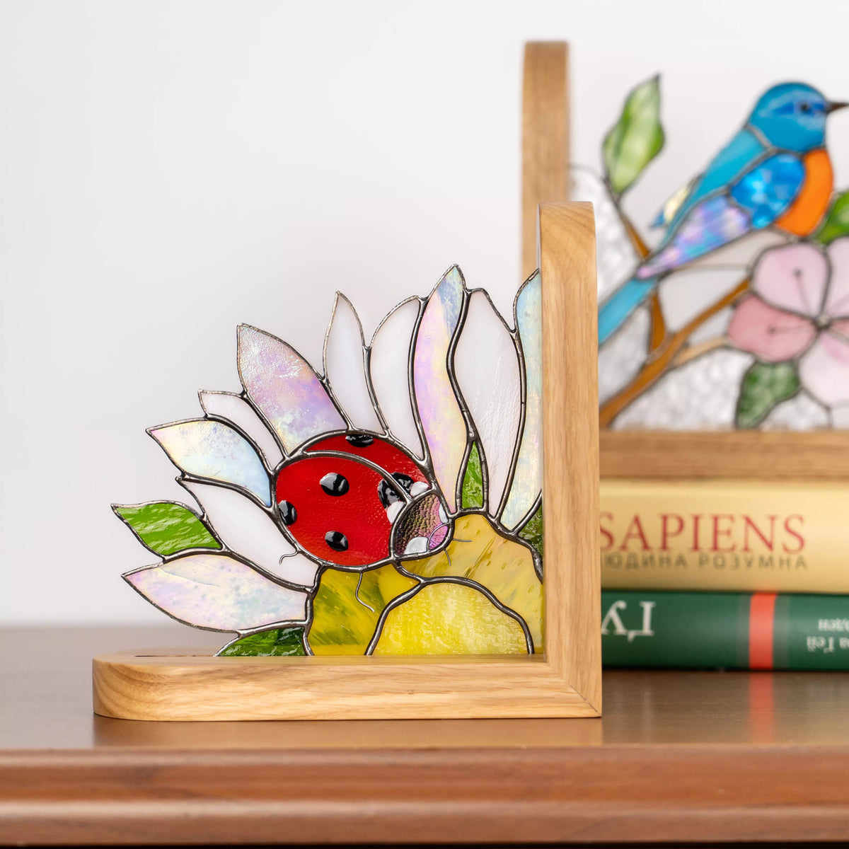Ladybug stained glass bookend, wooden book organizer, floral shelf decor gift.
