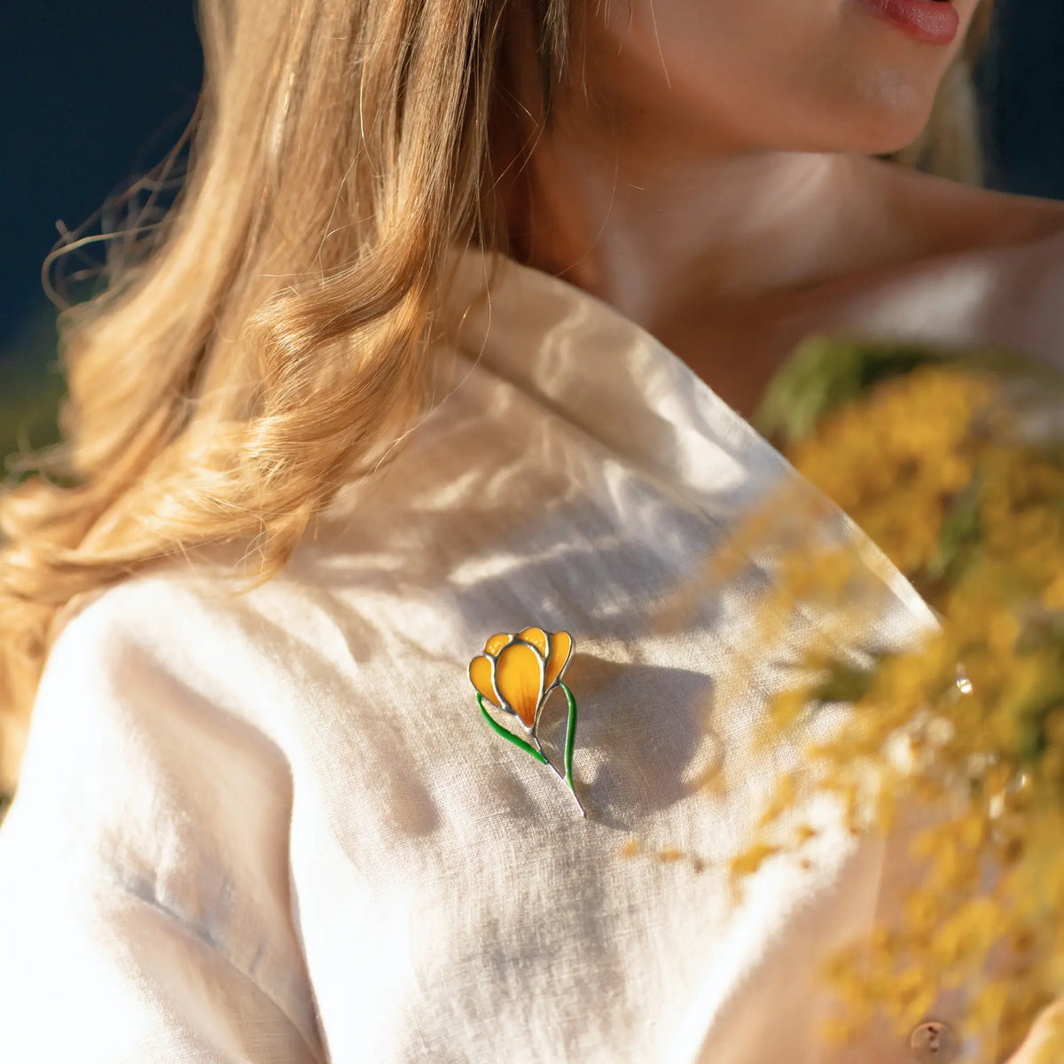 Yellow Crocus Flower - Stained Glass Brooch