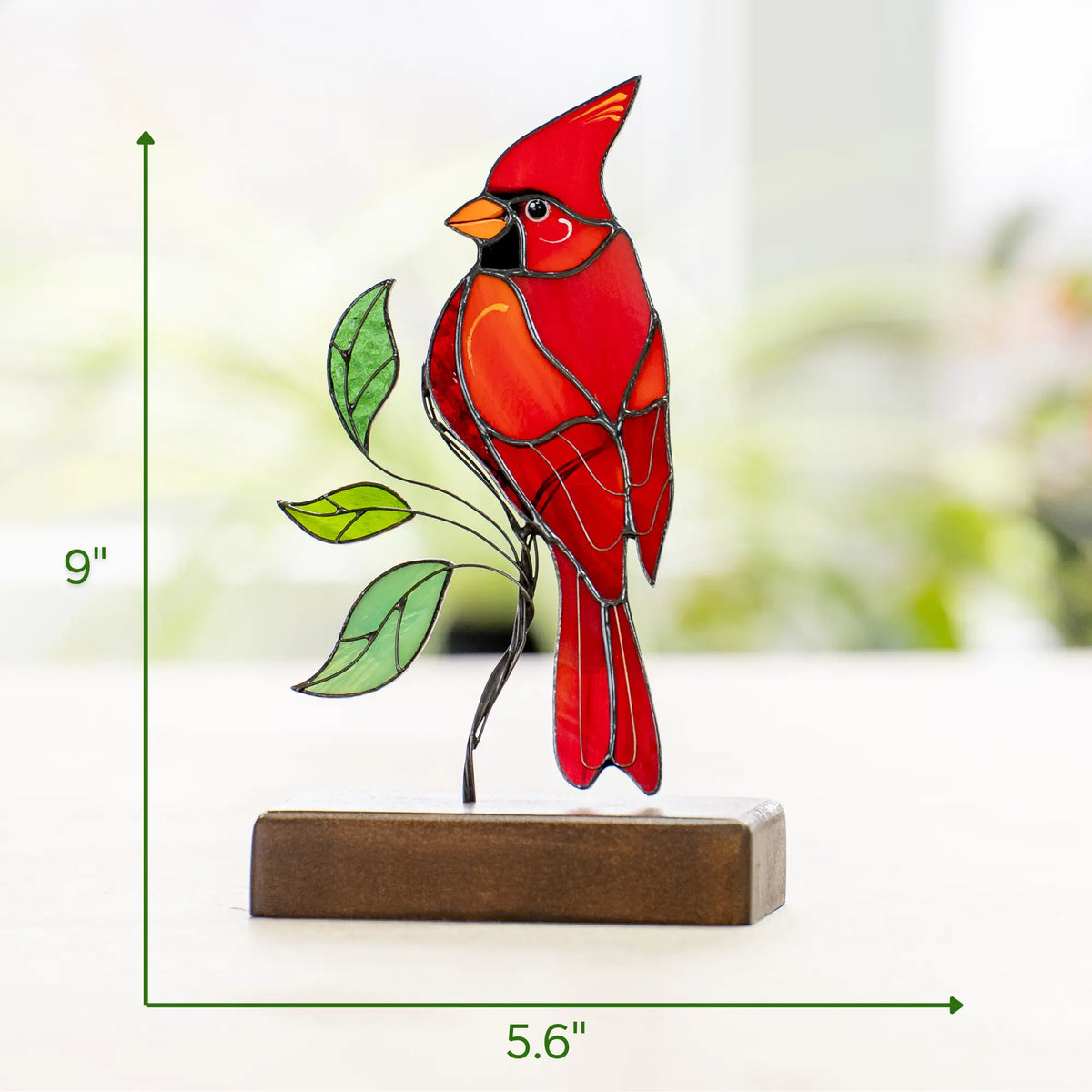 Cardenal sobre base de madera - Atrapasoles de vidrio vitral