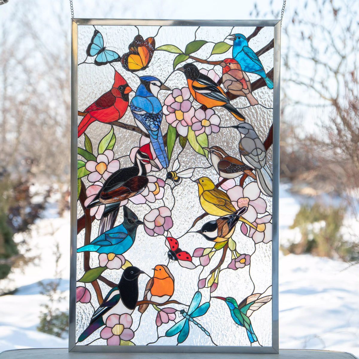 Aves coloridas en ramas - Panel de vitral personalizado