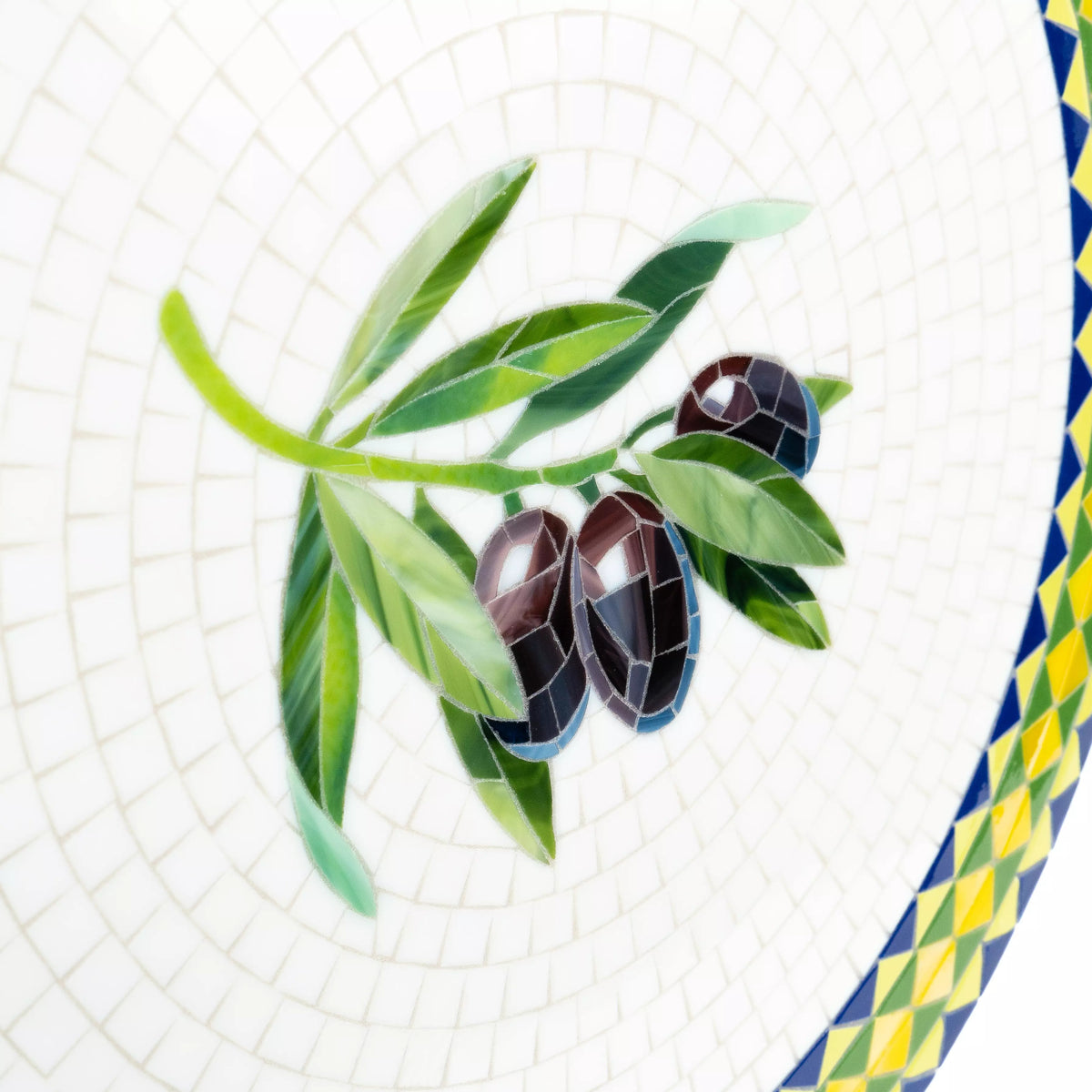 Mesa de mosaico de vitral con diseño de aceitunas