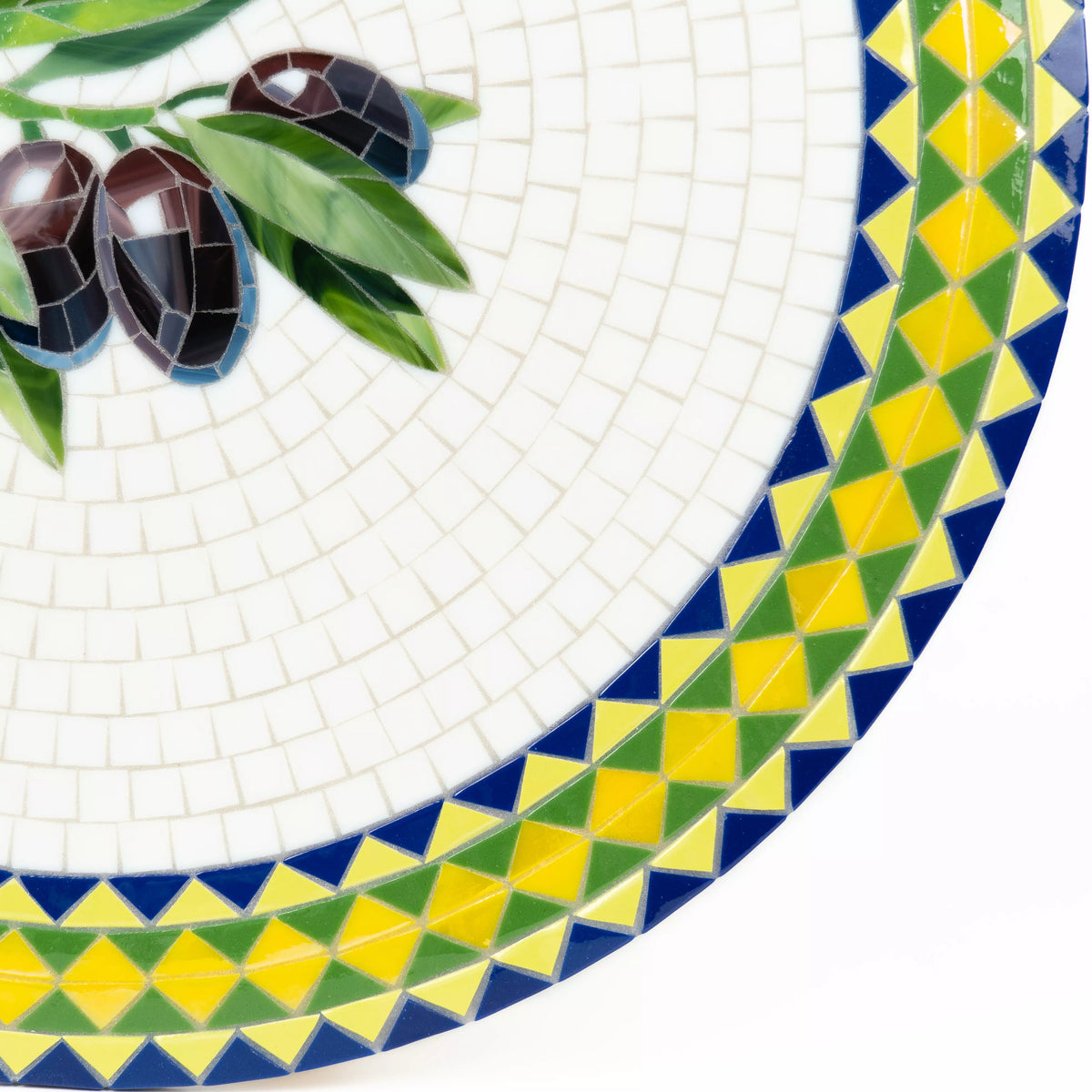 Mesa de mosaico de vitral con diseño de aceitunas