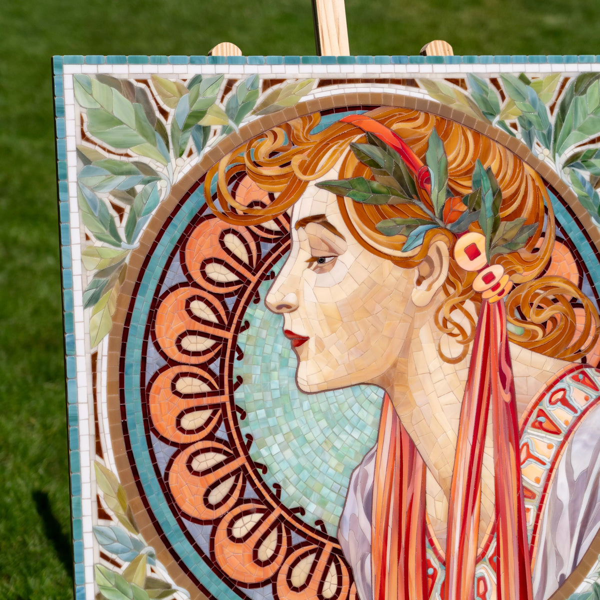 Mosaic portrait panel displayed outdoors on an easel, showing natural colors, detailed glass work, and classical Art Nouveau aesthetics inspired by Alphonse Mucha