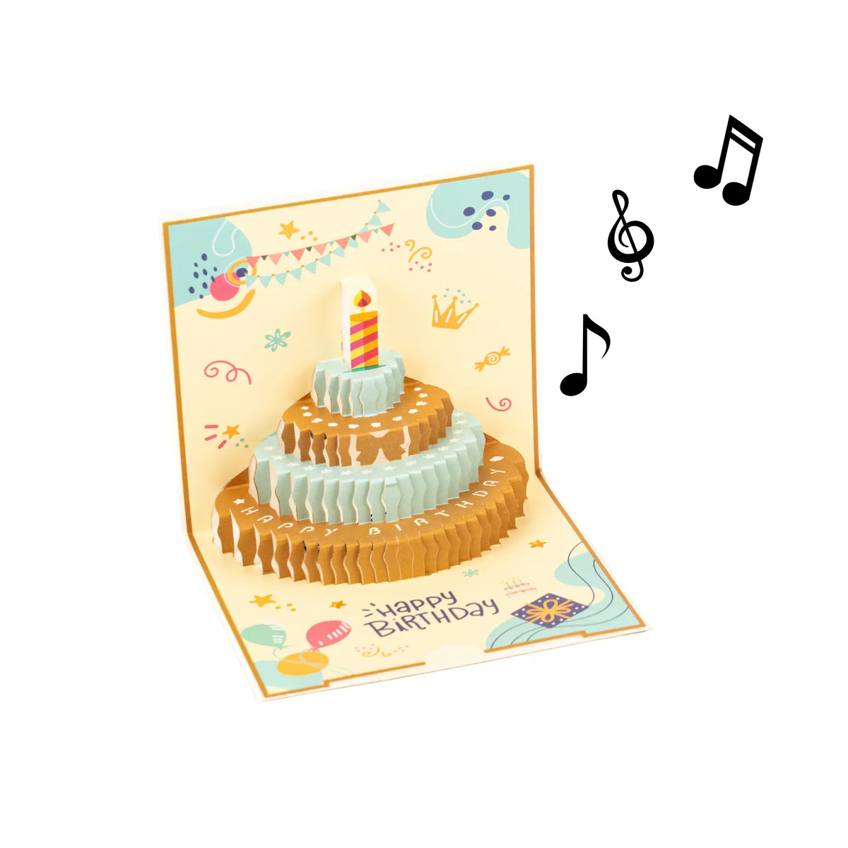 Birthday card with a cake design and musical sound effect on a white background