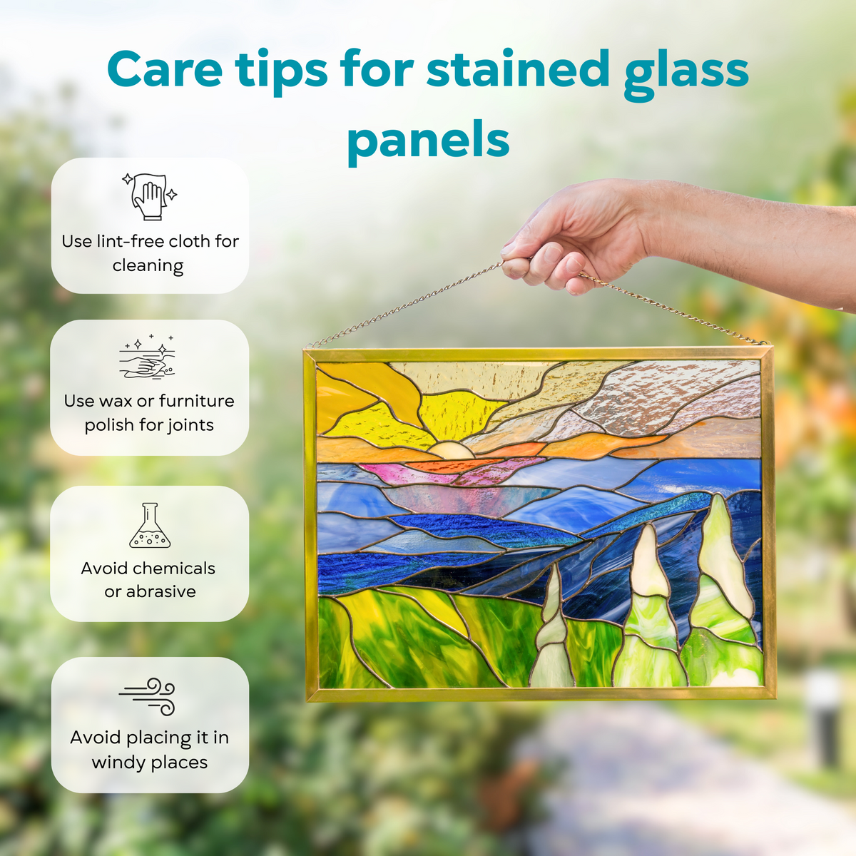 Сare tips for stained glass panels: cloth cleaning, wax for joints, avoid chemicals and wind
