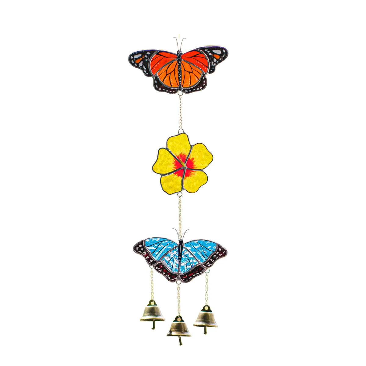 Butterfly and flower stained glass wind chime with bells on a white background