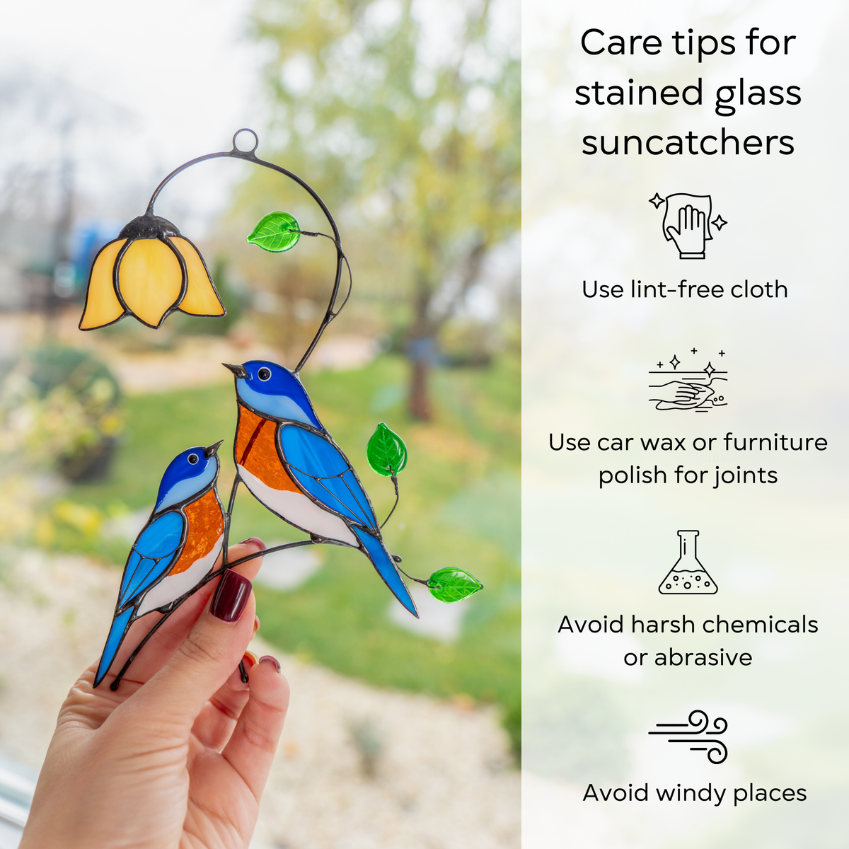 Bluebird suncatcher with care tips including cleaning and polish guidance.